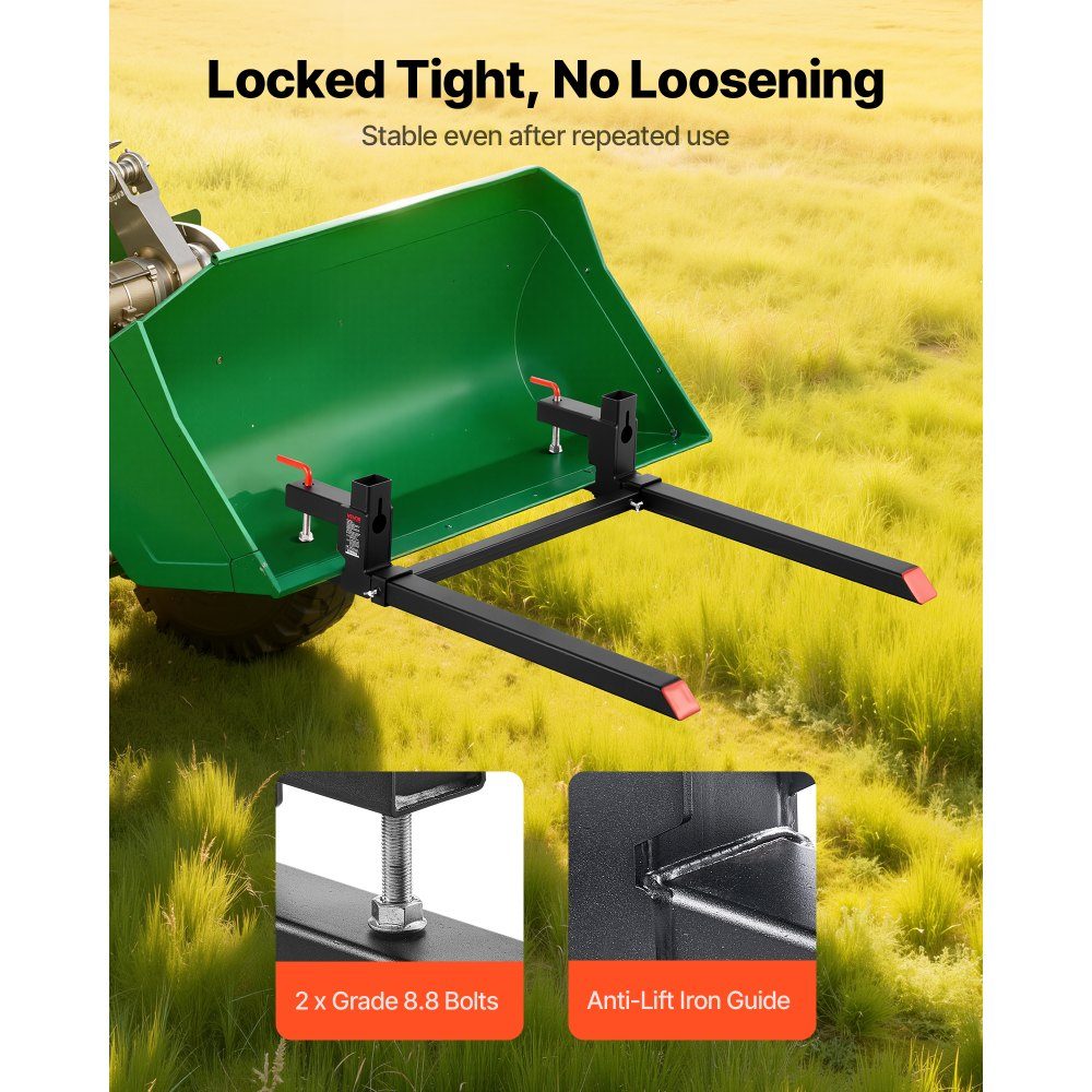 Pallet Forks 907kg, Clamp Fork Carrier, 1090mm Overall Length, Forks with Adjustable Stabilizer Bar for Tractor Attachments, Loader Bucket and Skid Steer Loader, Black