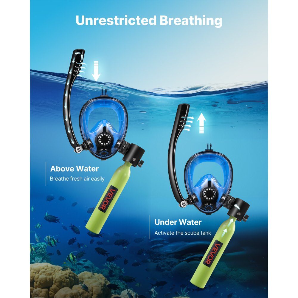 Mini-Tauchflasche 0,5 l, tragbare Lungenflasche für Unterwasseratmung, wiederverwendbare Sauerstoffflasche für bis zu 10 Minuten Tauchzeit, Tauchausrüstung mit Maske und Pumpe