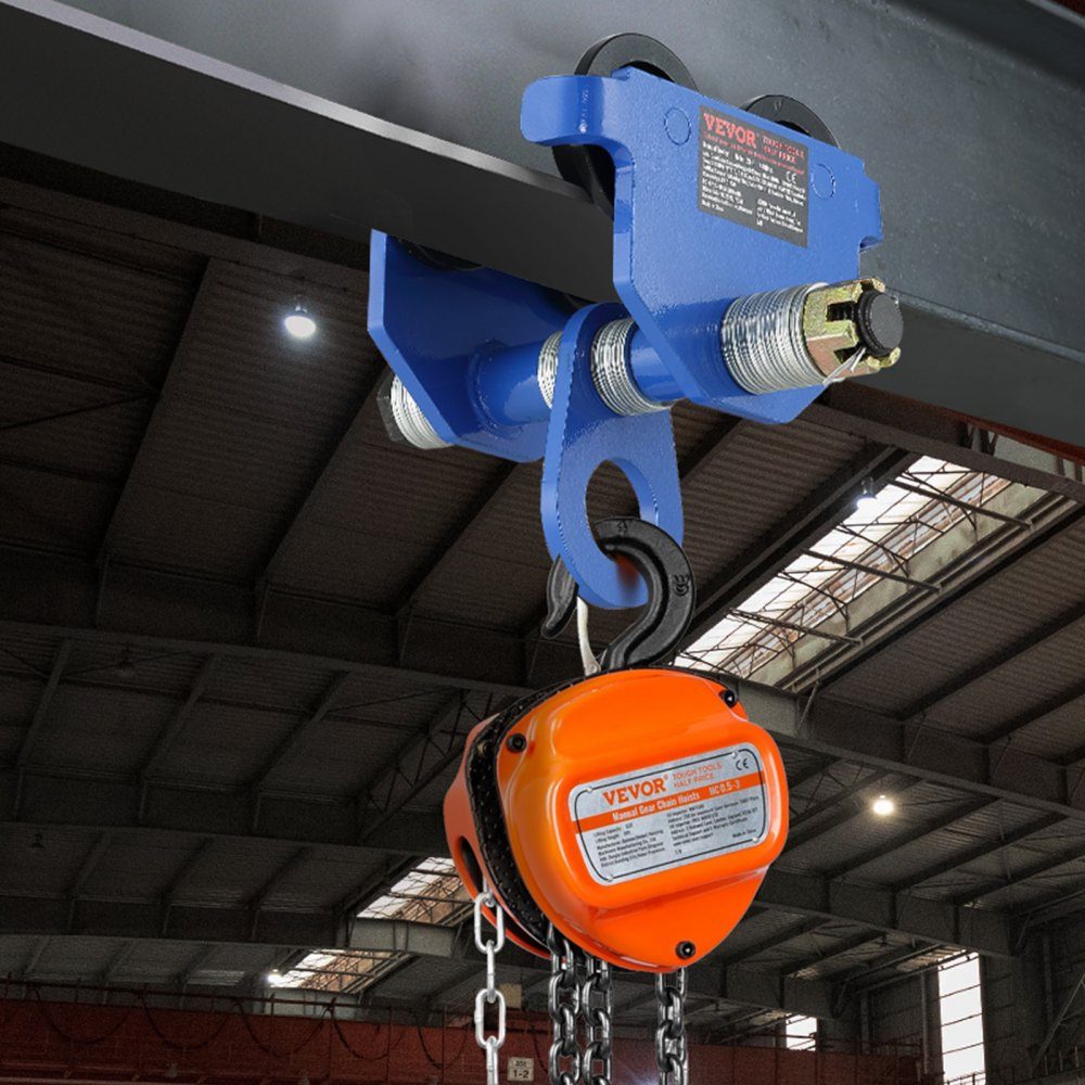 Trolley, 1000 kg load capacity, trolley with double wheels, adjustable for I-beam flange width 63.5 to 177.8 mm. Heavy duty alloy steel garage hoist for straight curved I-beams