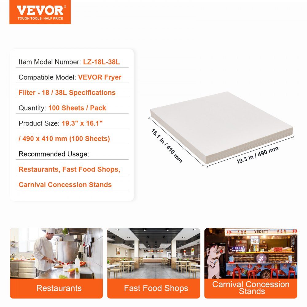Fryer Filter Paper 100 Sheets 19.5" x 16" Replacement Fryer Filter Sheets for 18L/38L Commercial Mobile Fryer Filter Machine for Restaurants, Fast Food Stores, Carnival Concession