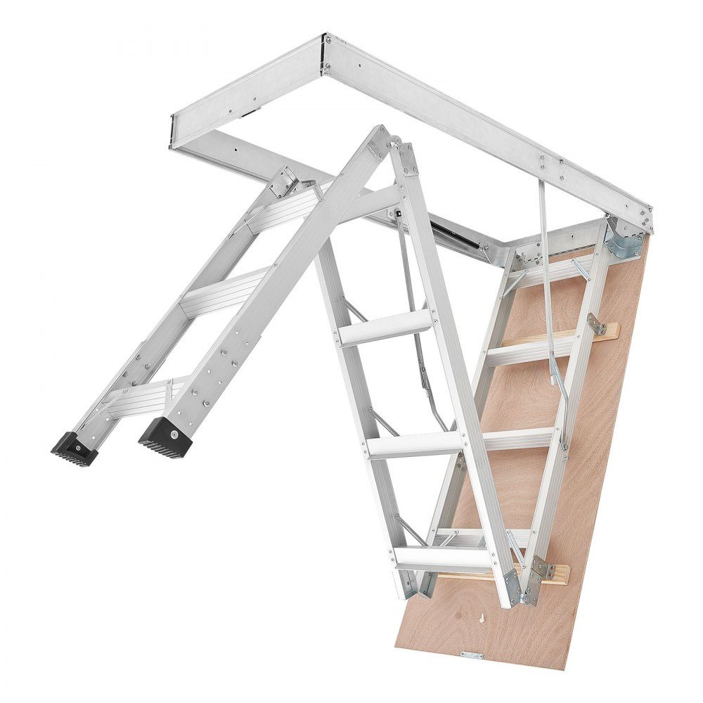 Folding Attic Stairs, 170kg Heavy Duty Aluminum and Wood Attic Ladder, Hydraulic Attic Stairs with Pull Rope for Ceiling Heights 300-313cm, Metal Ladder with 137cm x 57cm Access Opening, Silver