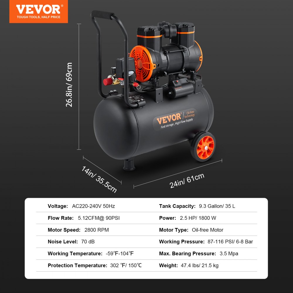 Compresseur d'air de 9,3 gallons, 2,5 HP, 2,2 CFM à 90 PSI, réservoir de compresseur d'air sans huile et pression maximale de 116 PSI, compresseur ultra silencieux de 70 dB pour la réparation automobile, la pression des pneus, la peinture au pistolet, le Compresseur d'air de 9,3 gallons, 2,5 HP, 2,2 CFM à 90 PSI, réservoir de compresseur d'air sans huile et pression maximale de 116 PSI, compresseur ultra silencieux de 70 dB pour la réparation automobile, la pression des pneus, la peinture au pistolet, le