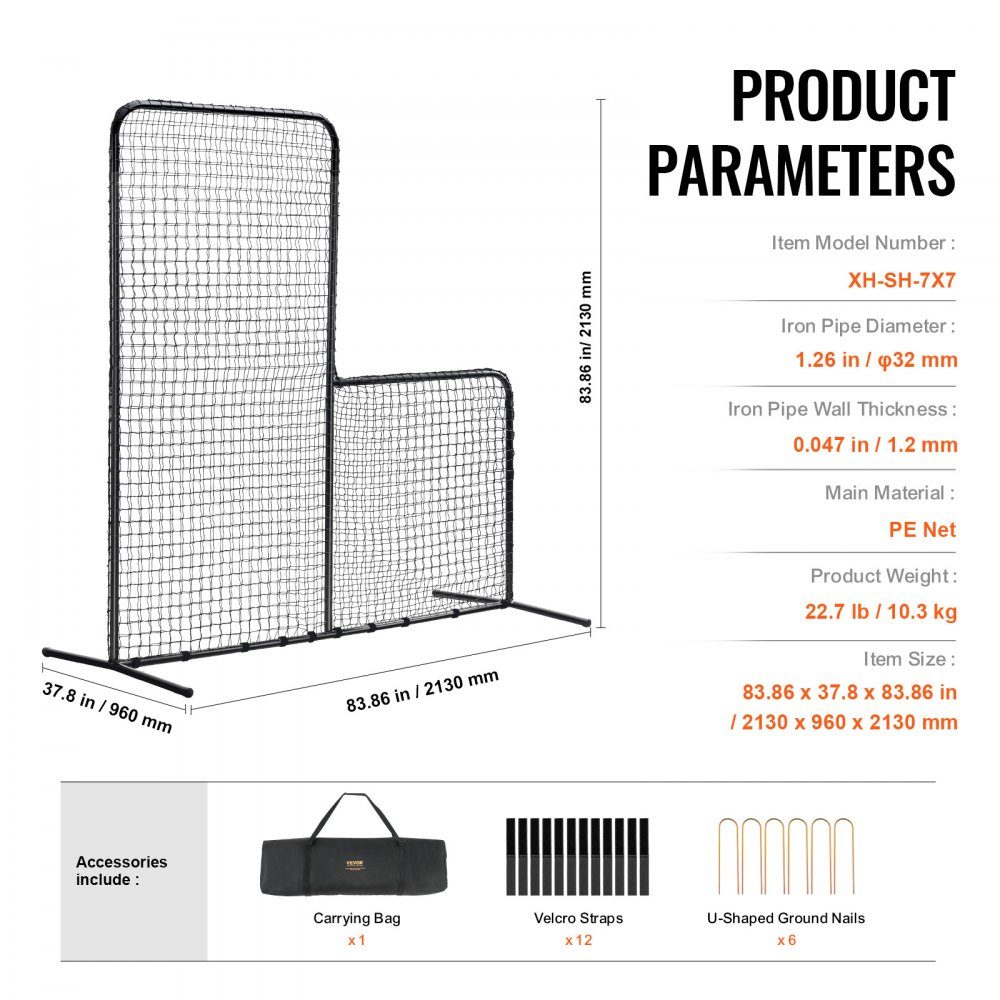 L Shape Baseball for Batting Cage, 84" x 38" x 84" Baseball and Softball Safety Umbrella, Portable Batting Net with Carry Bag and Ground Spikes, Pitching Net to Protect Pitchers, Black
