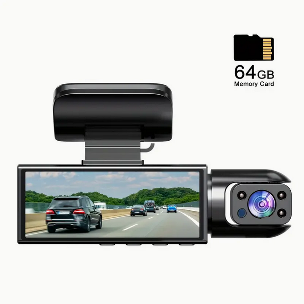 Dashcam 3,16-inch IPS A9-rijrecorder met dubbele opname (camera aan de voorkant en aan de binnenkant, incl. geheugenkaart van 64 GB)