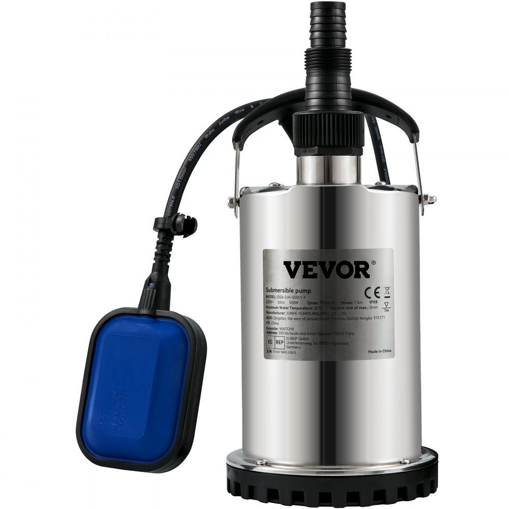 Vuilwaterpomp 550W dompelpomp 230V tuinpomp opbrengst 9500L/u vuilwater dompelpomp IPX8 uitlaat op maat te knippen voor het verpompen van water uit zwembaden, vijvers, kelders