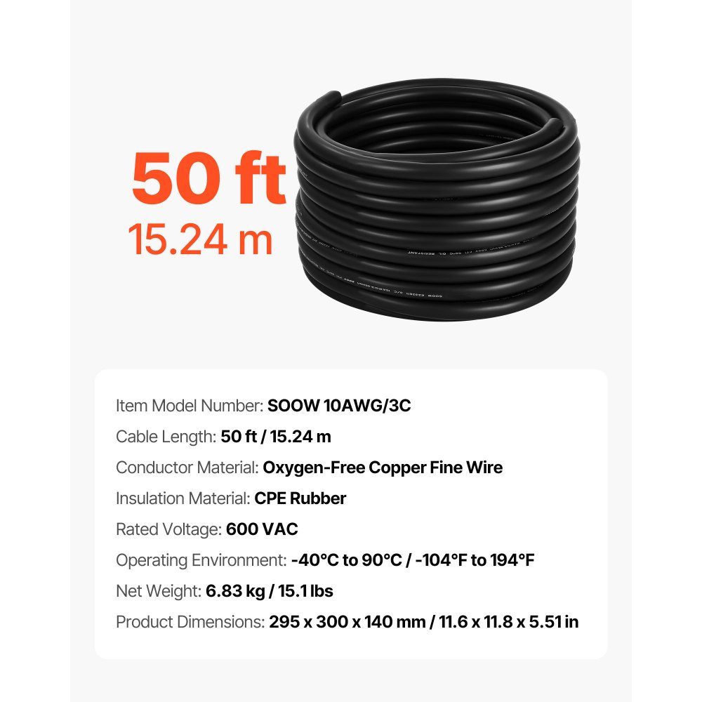 50ft 10AWG (6mm²) Electrical Cable Power Cable Copper Extension Cable 600V