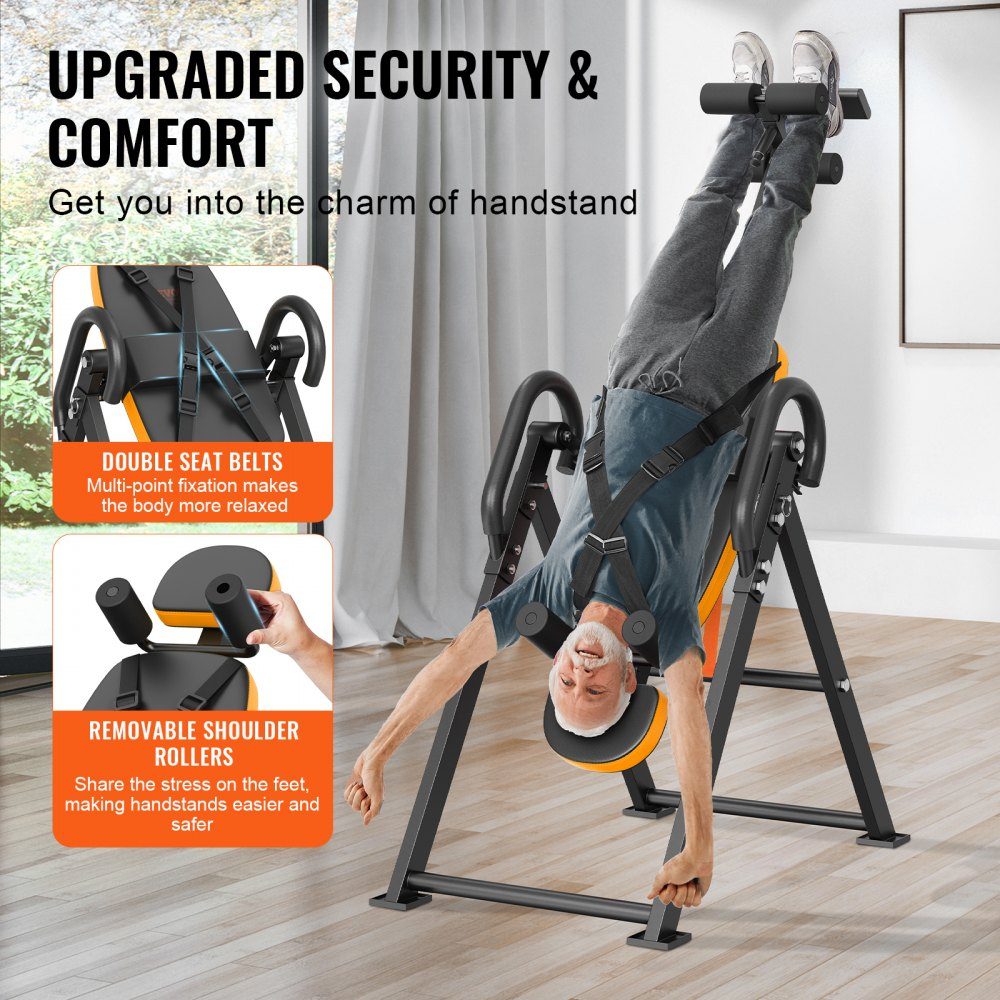Inversion table, inversion bench, 136 kg load capacity, multifunctional back trainer, foldable strength training device with headrest, ankle lock, adjustable protective belt, orange/black