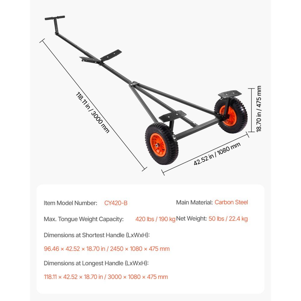 Remorque de bateau Dolly Chariot Remorque 190 kg Charge de support 40 cm Pneu pneumatique Support antidérapant en acier au carbone pour déplacer les kayaks, les bateaux à moteur et les bateaux de pêche