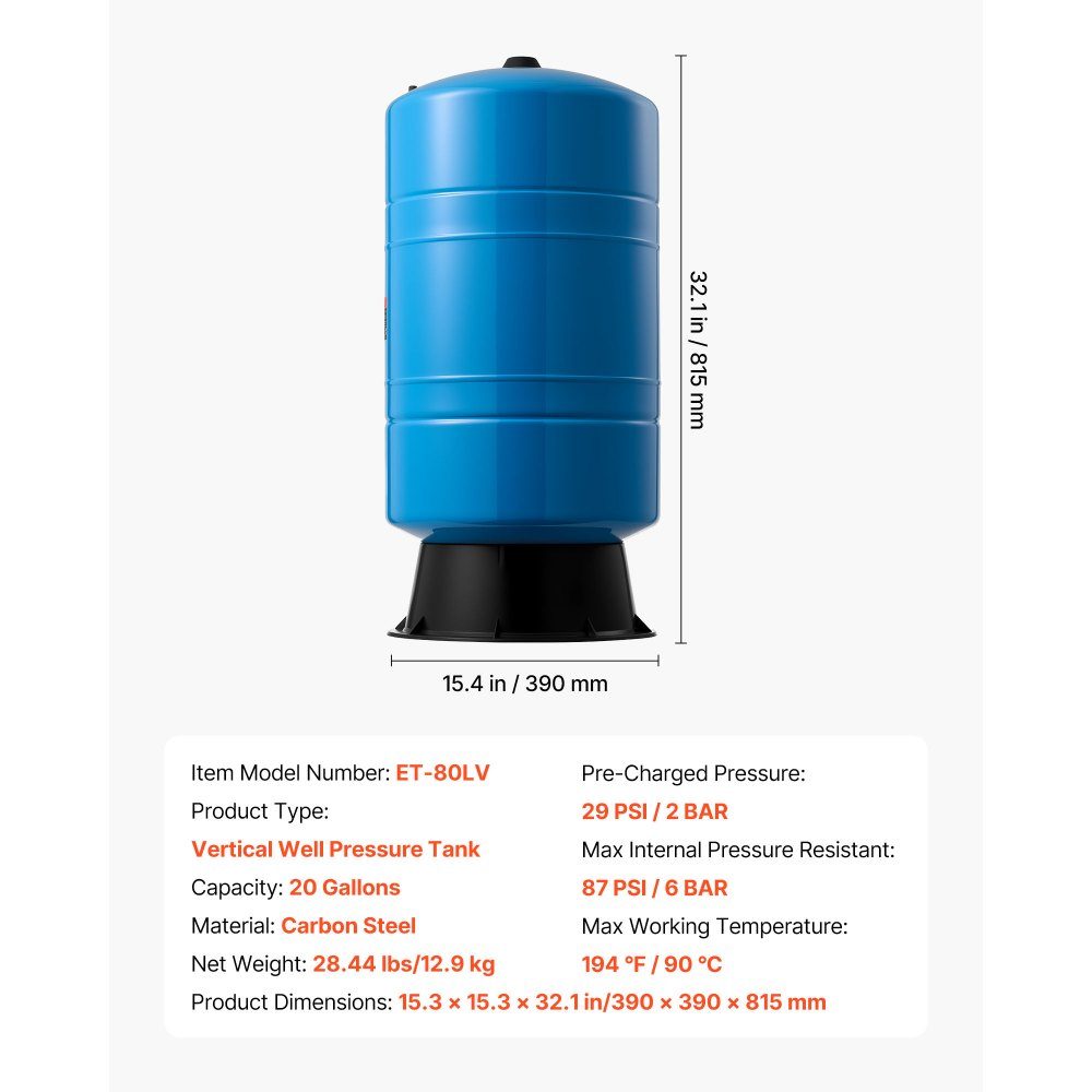Vertikaler Brunnendrucktank, 75,7 l vorgeladener Druckwassertank für Brunnenpumpen, Wasserspeichertank aus Kohlenstoffstahl für Heim-, Schul-, Bauernhof- und Bewässerungssysteme