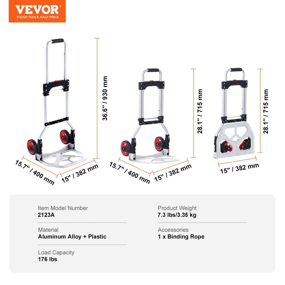 Diable, chariot de transport pliable en plastique en alliage d'aluminium de 80 kg, chariot empilable avec poignée réglable, chariot pliable de 715 à 930 mm, comprend une corde élastique, taille compacte pour le stockage