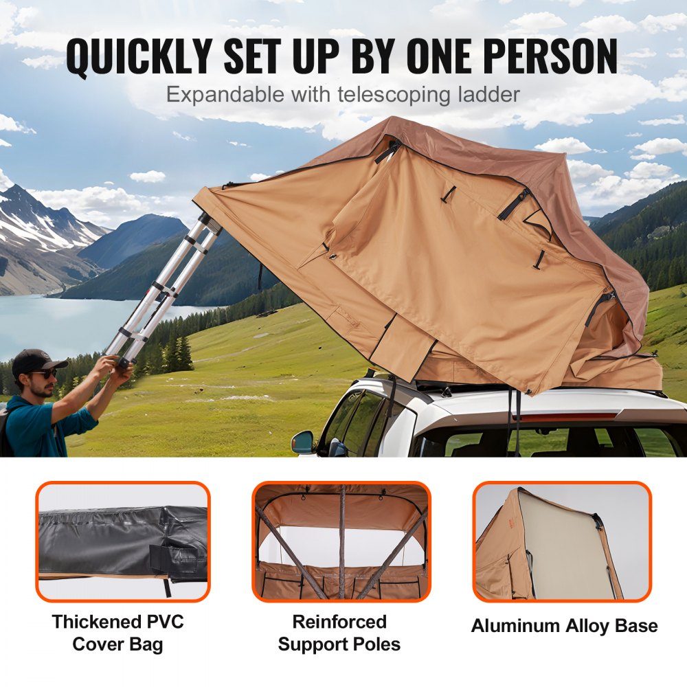 Tente de toit avec coque rigide pour 2 à 3 personnes, tente de toit pliable avec échelle télescopique (capacité de charge de 150 kg), matelas en tissu Oxford imperméable pour Jeep SUV Van Pickup