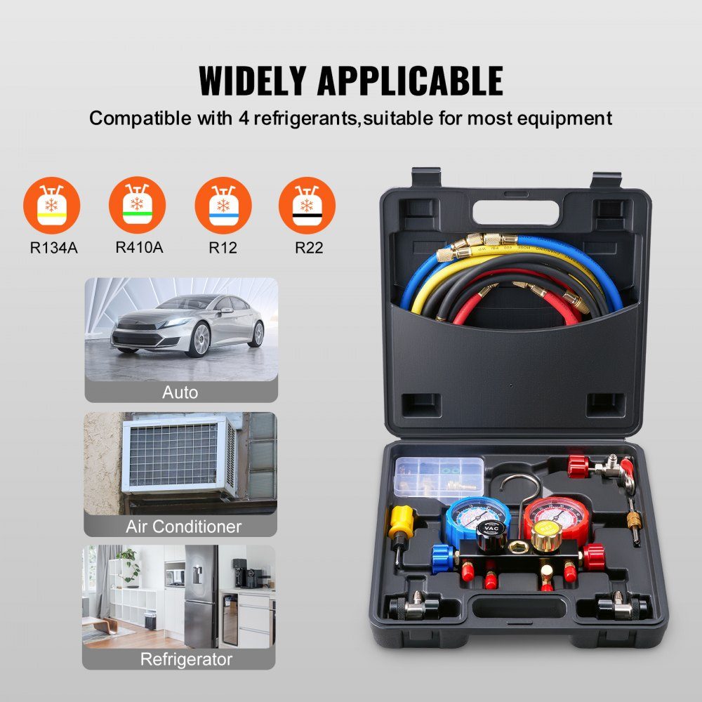 Refrigerant Pressure Gauge 4 Way Car Refrigerant Distributor Gauge Set R134A-R12-R410A-R22 AC 4pcs 1524mm Charging Hoses Refrigerant Distributor Gauge AC Diagnostic Tools Car Air Conditioner