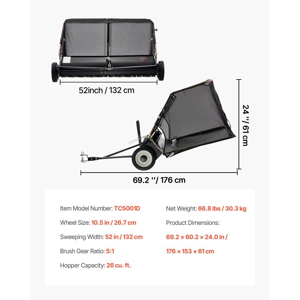 Rasenkehrmaschine, 132 cm Kehrbreite, Laubkehrmaschine mit verstellbarer Kehrhöhe, Rasenkehrmaschine mit 736 L, Laubkehrmaschine, Anhängekehrmaschine für Rasentraktor, Garten, Hof, Rasenpflege