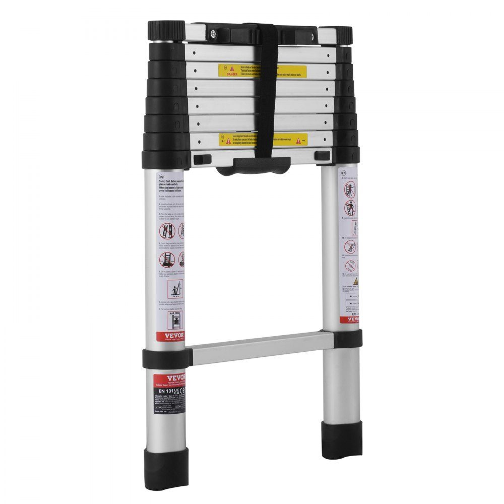 Telescopic Ladder, 2.6m Aluminum Extension Ladder, Folding Ladder with One Button Retraction, 160kg Load Capacity with Non-Slip Feet, Portable Compact Ladder for Home, RV, Attic