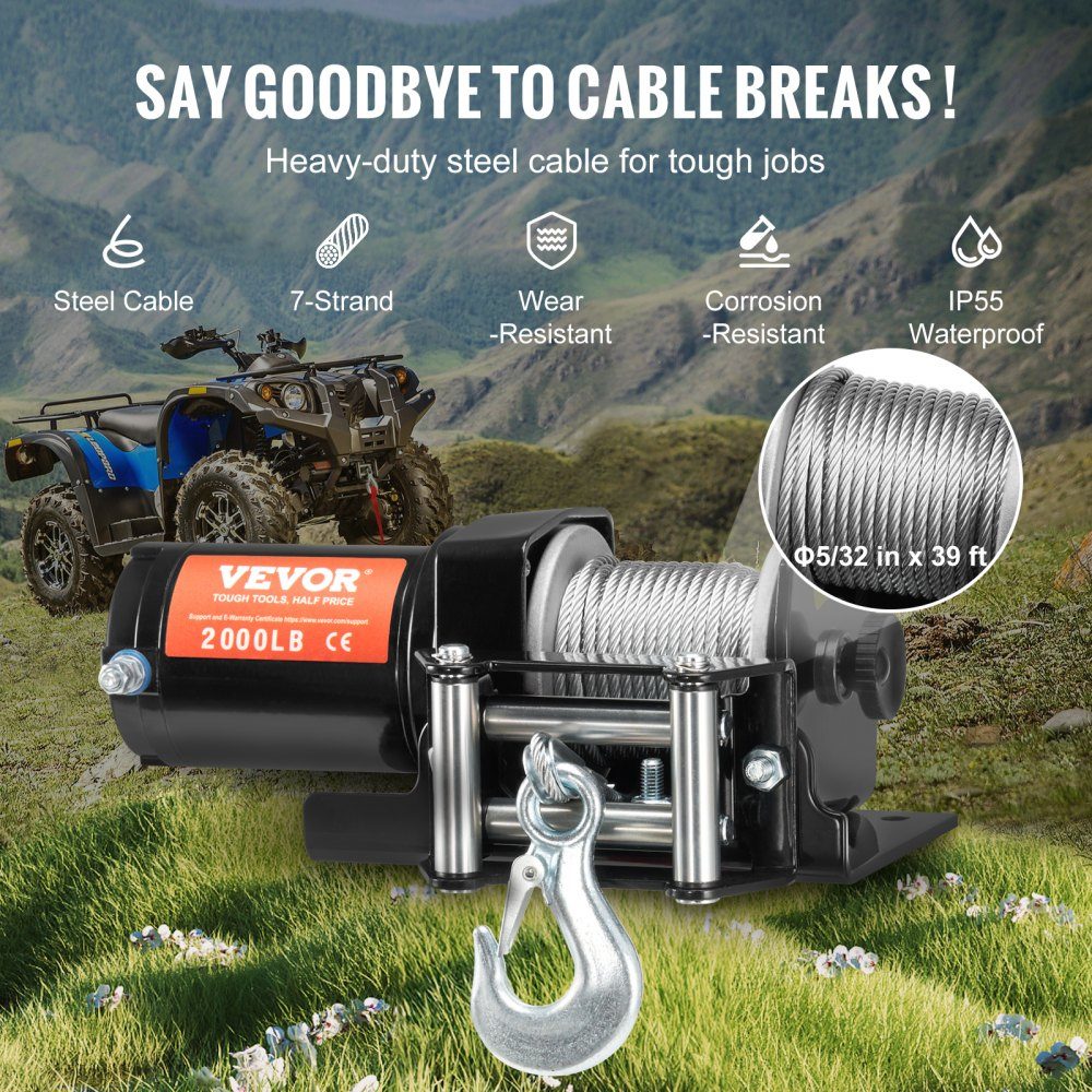 Electric Winch, 2000 Pounds Towing Capacity, 12V DC ATV/UTV Winch with Φ5/32" x 39ft 7-Strand Steel Cable Reel, Cable Remote Control, IP55 Waterproof for Off-Road UTV ATV Towing