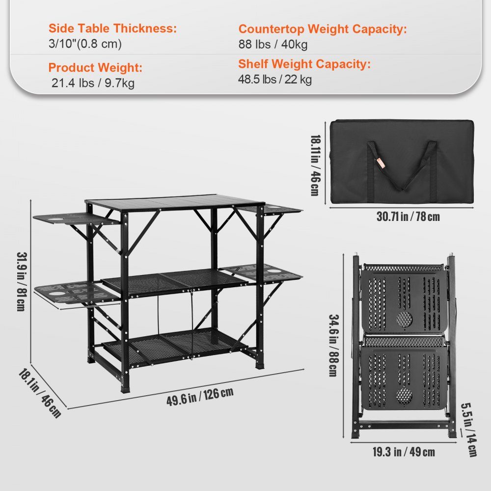 Camping-Küchentisch aus Aluminium, faltbar, tragbare Outdoor-Kochstation mit 4 Eisenseiten, 2 Ablagen und Tragetasche, schnelle Installation für Picknick, Grillen, Strand, Reisen usw
