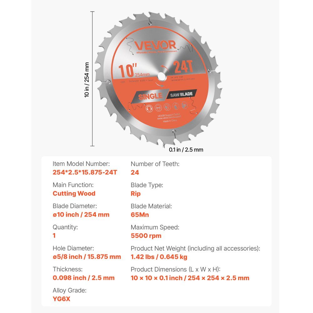 Circular saw blade (254mm diameter, 24 sharp teeth and 2.5mm thickness), ideal for plywood, OSB hardwood, compatible with circular saws, alloy saw blade with noise reducing heat dissipation