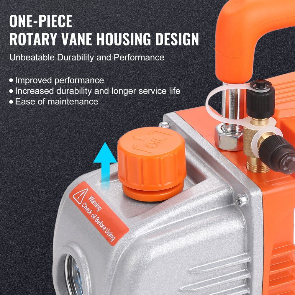 Vacuum Pump 150W Vacuum Pump 1 Stage Air Conditioning Pump 100L/min Flow 1440RPM Speed ​​0.64/1.27cm SAE Inlet Vacuum Equipment 5Pa Pure Copper Motor HVAC/Auto Refrigerant Charging