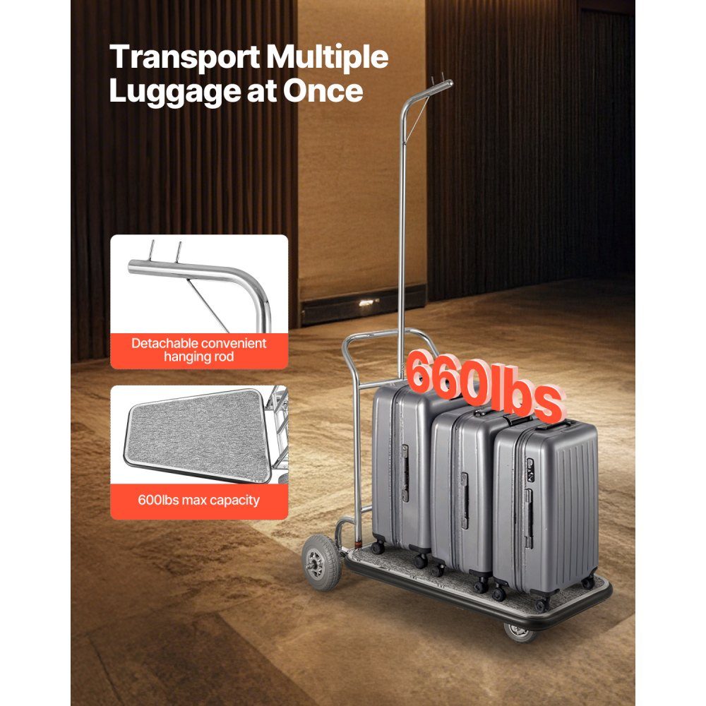 Bagagewagen, capaciteit 272 kg, roestvrijstalen bagagewagen met 3 wielen, bagagewagen met grijze tapijtvloer en rubberen wielen, ideaal voor congrescentra, hotels, huurwoningen, zilver, 1080 x 640 x 1800 mm