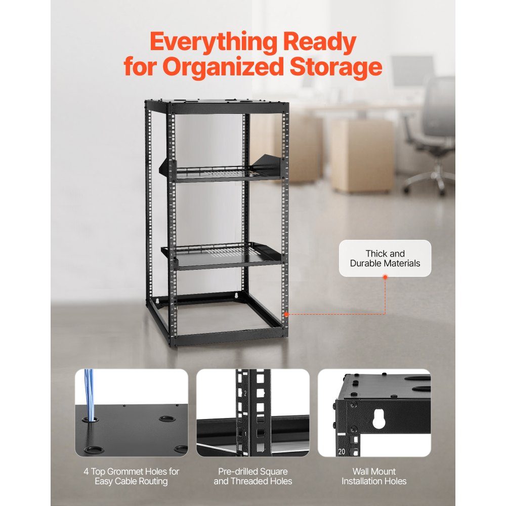 20U open frame network rack, 585mm depth, wall mount or floor standing server rack, 4 post construction, with ventilated shelves and mounting accessories, for network IT equipment and AV equipment