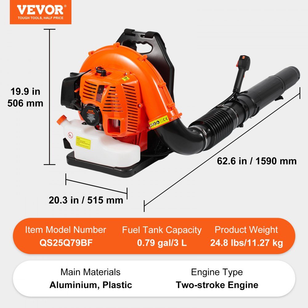 Backpack Leaf Blower, 79CC 2-Stroke Gasoline Leaf Blower with 3L Fuel Tank, 930 CFM Air Volume, 184 MPH Speed, Ideal for Lawn Care, Leaf Cleaning and Snow Removal