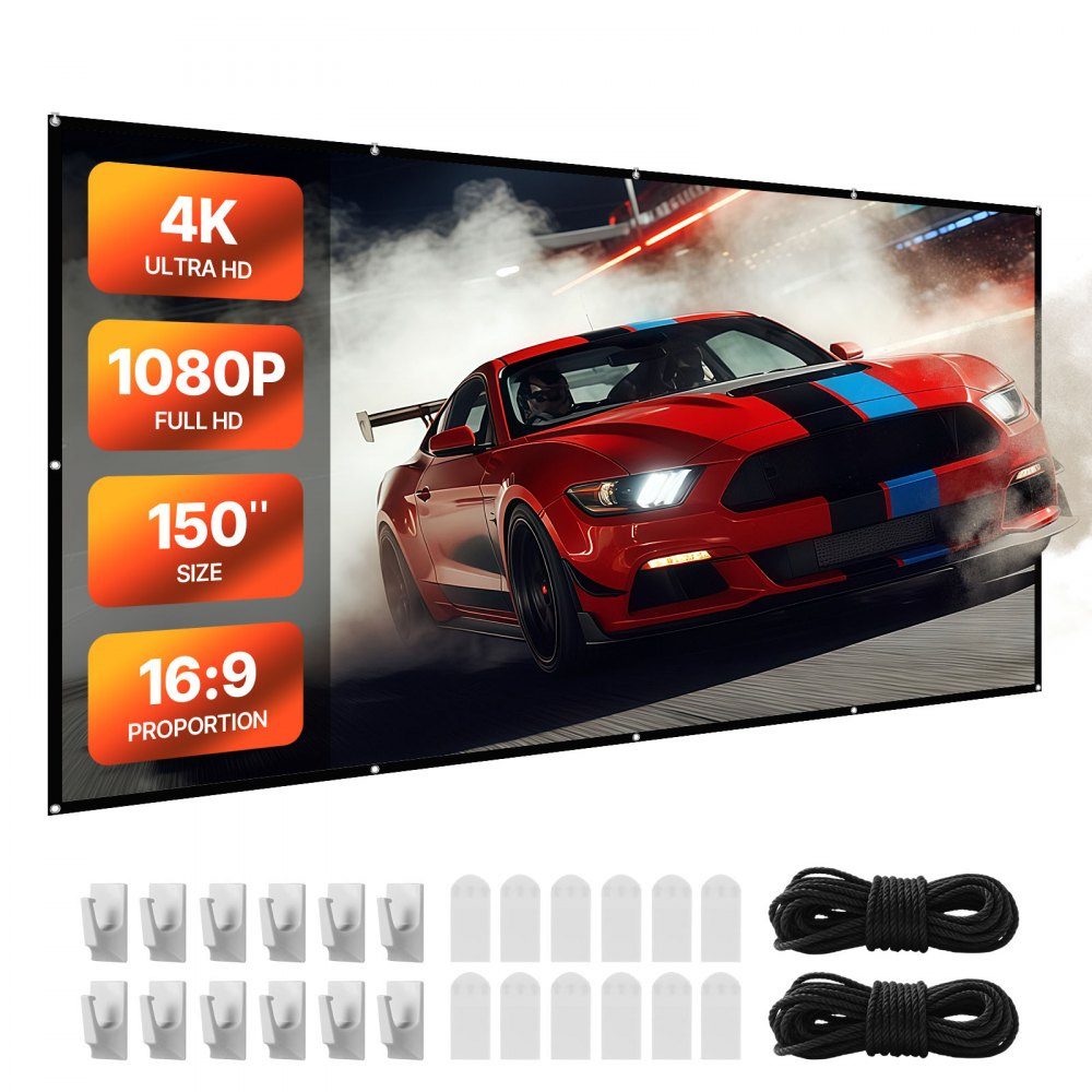 Manual Projection Screen, 150" 16:9 4K 1080 HD Wall Mounted Projection Screen with 12 Hooks and Double Sided Tapes, Movie Projection for Home Theater