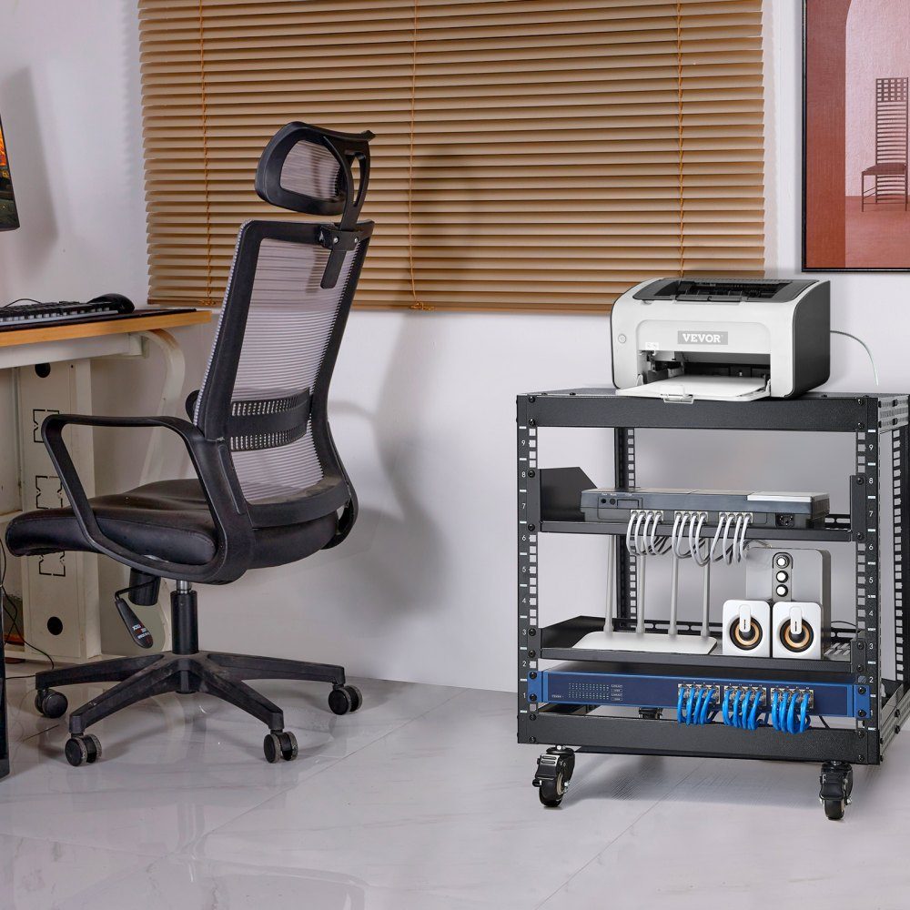 9U-Server-Rack mit offenem Rahmen, 23" bis 40" verstellbare Tiefe, freistehend oder an der Wand montiert, Netzwerk-Server-Rack mit 360°-Rädern, robuste 4-Pfosten-Halterung für alle Ihre Netzwerk-IT-Geräte, AV-Geräte und Router