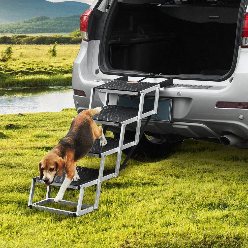 Escalier pour chien pour voiture, large escalier de voiture pour chien à 4 marches, rampe de voiture pliable pour chien avec surface antidérapante, escalier portable en aluminium léger pour voiture, SUV et camion, supporte jusqu'à 68 kg