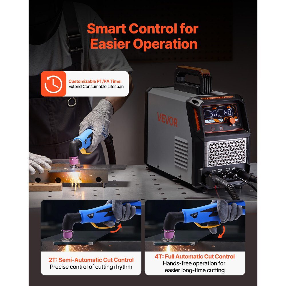 Plasma Cutter, 60A Pilot Arc Plasma Cutting Machine IGBT Inverter with Digital Display - with 2T/4T Function and Adjustable PA/PT Time for Industrial Use (400V 3 Phase)