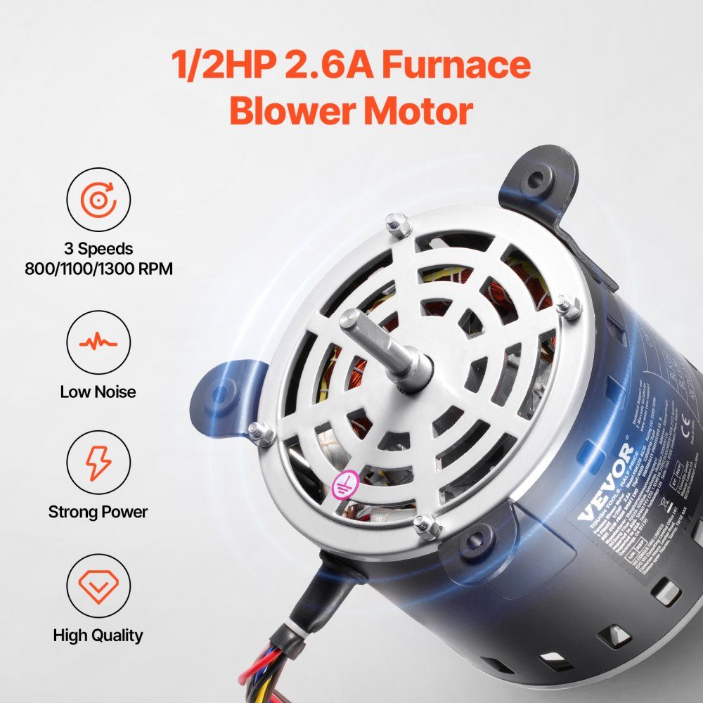 1/2 HP blower motor, 220V, 2.6A, 1300RPM, 3 speeds (1300/1100/800RPM), 10mm shaft diameter, 20mm shaft RED clockwise from shaft end, including CBB60 15μF/450V capacitor