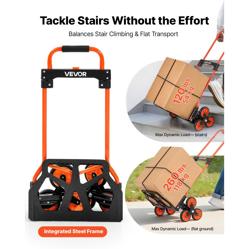 Folding stair hand truck, hand truck 54 kg load capacity, stair climber with telescopic handle, 6 wheels & 2 tension straps, transport trolley, stair trolley, ideal for household, shopping & storage