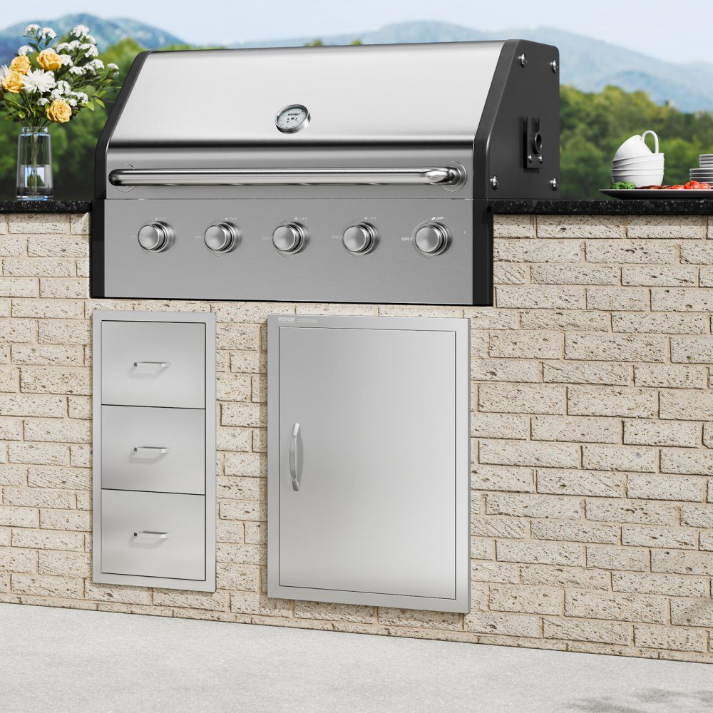 Porte d'accès au gril 508x686mm Porte de cuisine extérieure simple Porte encastrée en acier inoxydable Porte murale verticale avec poignée pour Grill Island Grill Station Armoire extérieure