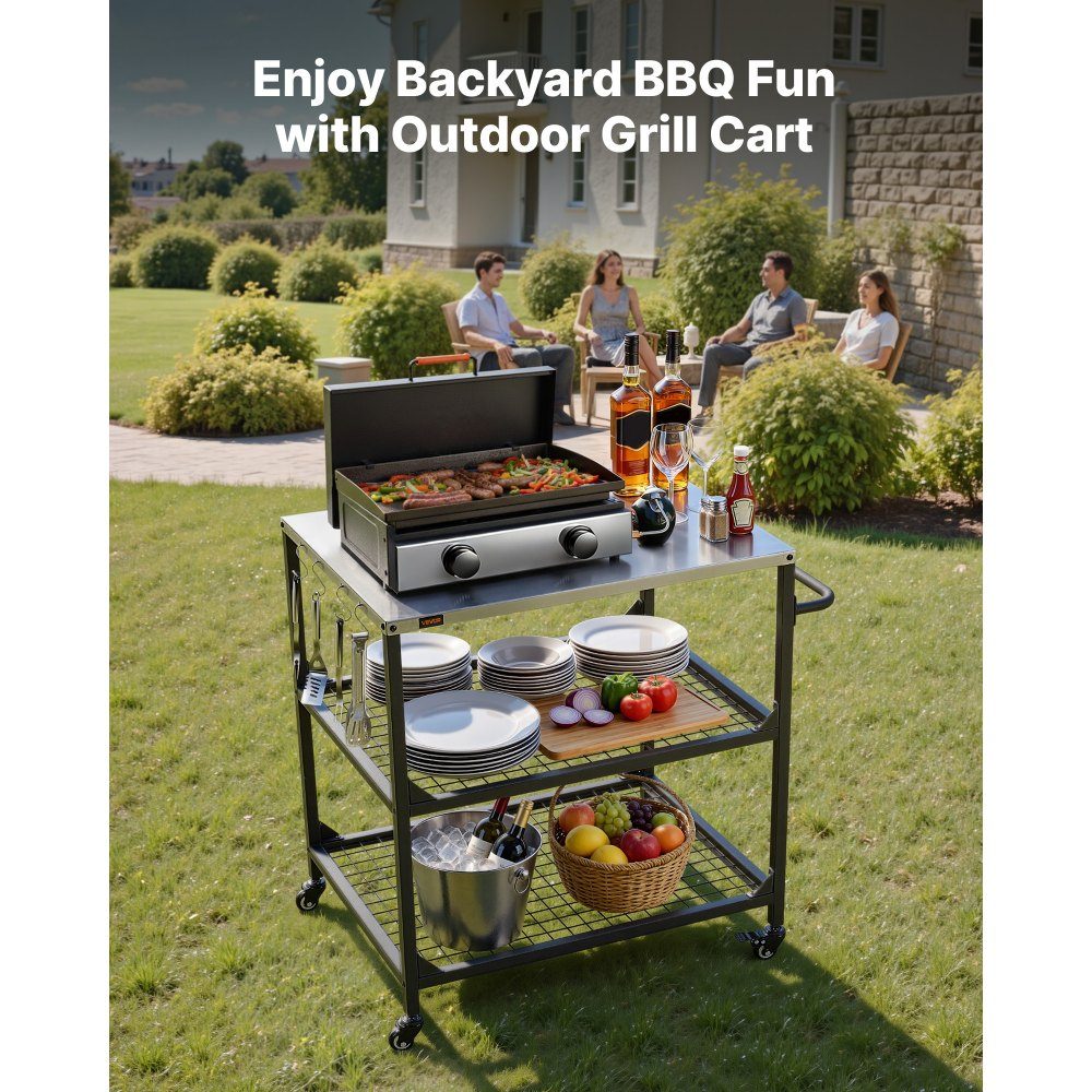 Chariot barbecue extérieur 80 x 61 cm (taille plateau table), table barbecue roulante avec poignée latérale & 2 étagères grillagées & 4 roulettes, table de préparation barbecue, chariot de service pour pique-nique, cuisine, jardin