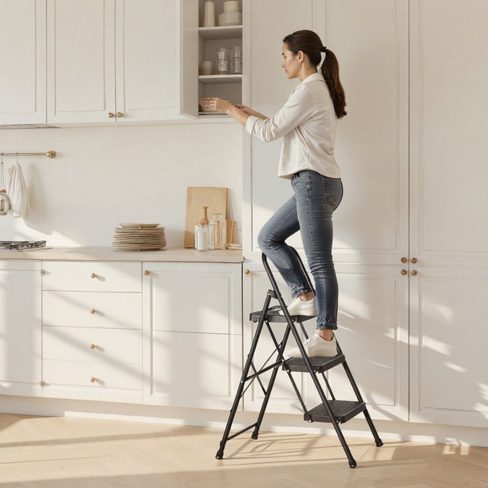 Step Ladder 3 Steps, Folding Ladder with Non-Slip Steps & Comfortable Handle, Household Ladder 272kg Load Capacity, Folding Step, Safety Ladder for Kitchen, Home & Office, Black