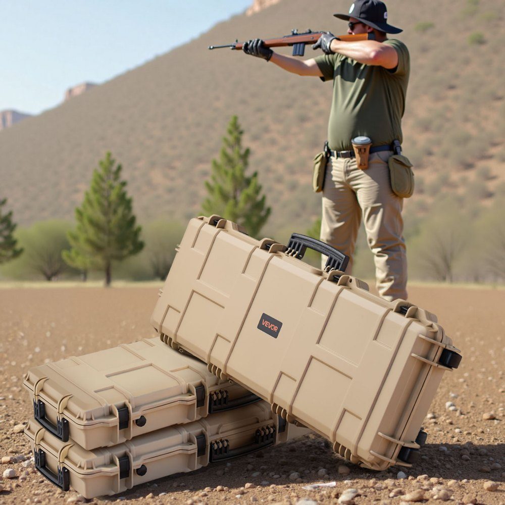 Waffenkoffer mit Hartschale für Langwaffen, abschließbarer Waffenkoffer mit vorgeschnittenem Schaumstoff, Langwaffenkoffer, Waffenaufbewahrung, rollbar, IP67 wasserdicht, 109 x 41 x 15,5 cm, Khaki