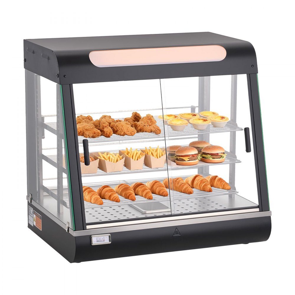 Table chauffante à 3 étages 100 L, vitrine chauffante 1200 W, table chauffante 30-85 °C, chauffe-plats avec éclairage LED et étagères réglables, vitrine alimentaire pour hamburgers, pizza, pain, poulet rôti