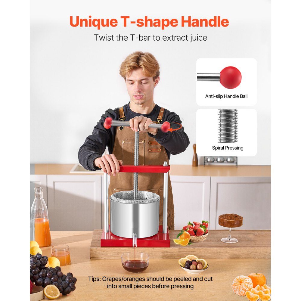 Fruit Wine Press, Fruit Grinder, Apple Grinder (6L) with 2 Stainless Steel Barrels, Manual Juicer, Cider Press, Apple Press, Grape Press, Olive Oil Press, T-Handle Juicer for Home Kitchen