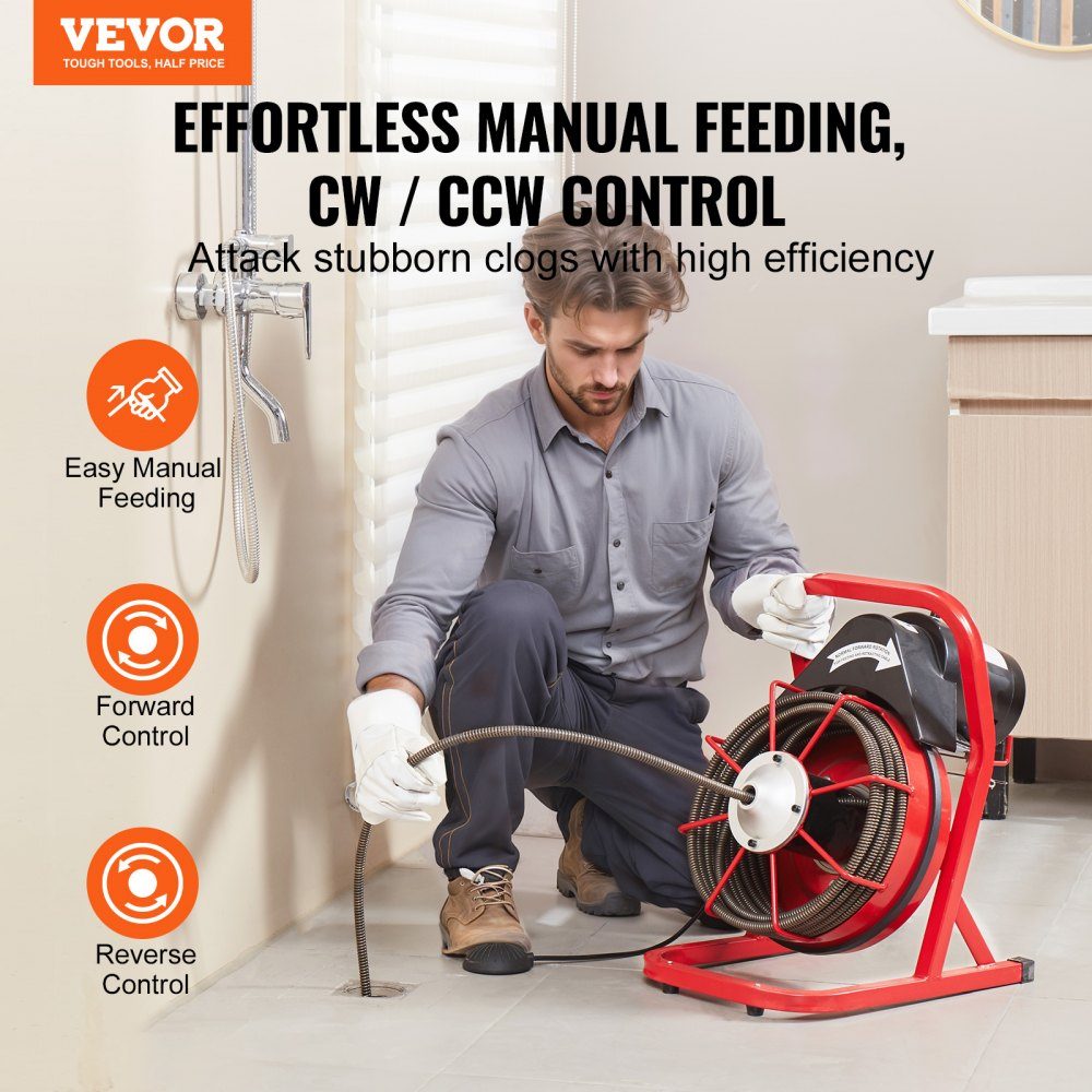 Pipe Cleaning Machine 50 FT x 1/2 Inch, Manual Feed Duct Spiral, 250W Electric Pipe Cleaning Machine with 4 Cutters and Air Activated Foot Switch for 2" to 4" Pipes