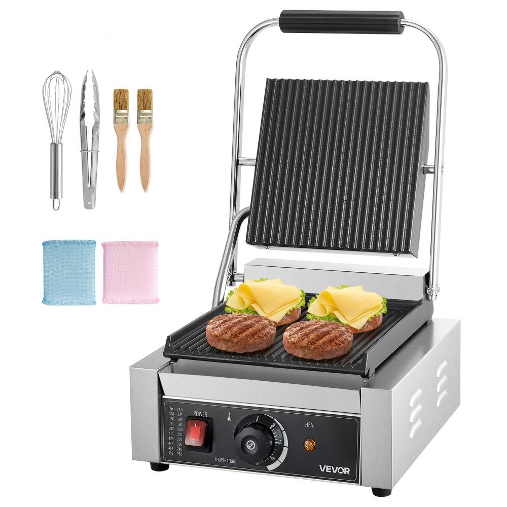 Commercial Panini Grill, Contact Grill 1800W, for Sandwiches, Steak, Bacon, Hamburgers, Sandwich Maker, Stainless Steel Press Grill with Handle & Temperature Controller & 22 x 23cm Heating Plate, Panini Press
