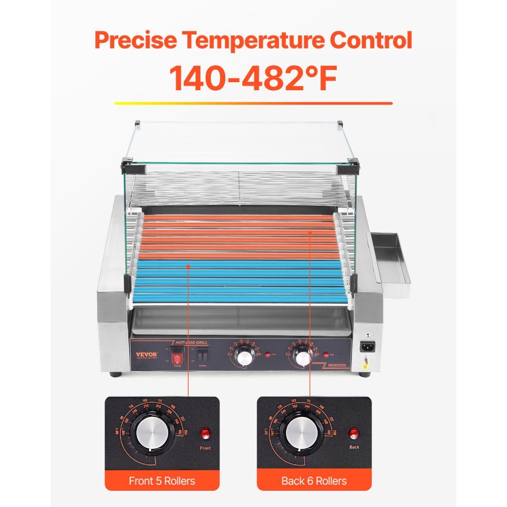 Hot Dog Grill Machine Hot Dogs 11 Rolls Stainless Steel 2200W Electric Grill with Cover & 2 Temperature Controls & Side Storage Box & Removable Shelf & Oil Drip Tray