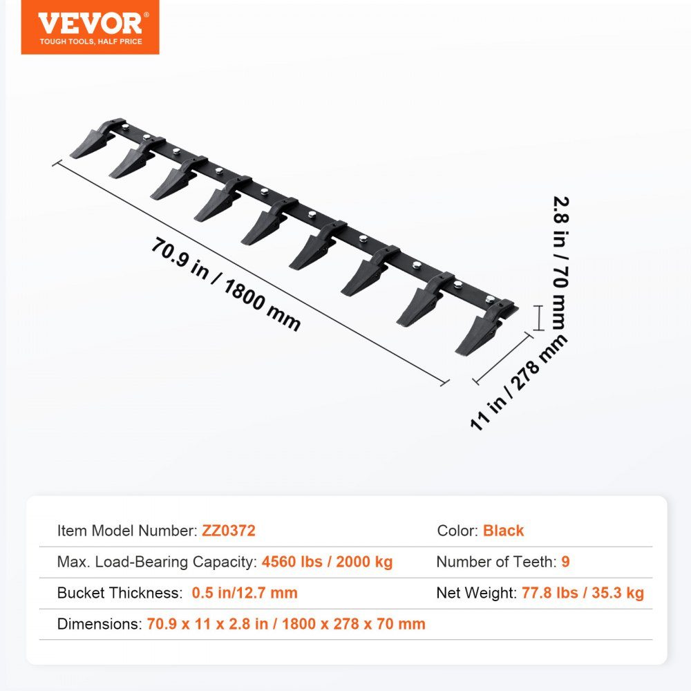 Shovel Stand, 1.8m Heavy Duty Tractor Shovel, 9 Tooth Rail for Loader, Tractor, Skid Steer, 2000kg Load Capacity, Bolt-on Design, for Efficient Soil Excavation and Shovel Protection