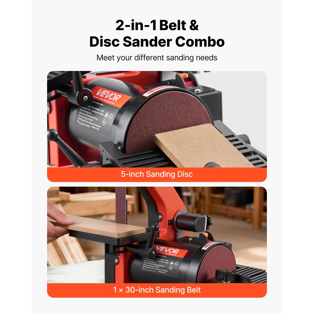 Ponceuse à disque à bande 250 W, ponceuse à disque 127 mm et ponceuse à bande 25,4 x 762 mm, avec table de travail réglable de 0 à 45° et ouverture d'aspiration de poussière pour le travail du bois et l'affûtage des couteaux