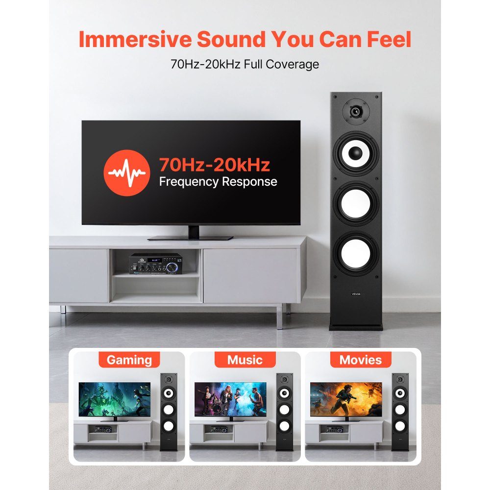 Passive floorstanding speaker, 2-way system with 1" tweeter, 6.5" woofer, 200W peak power, 70Hz-20kHz frequency response, robust MDF housing, for home audio, single