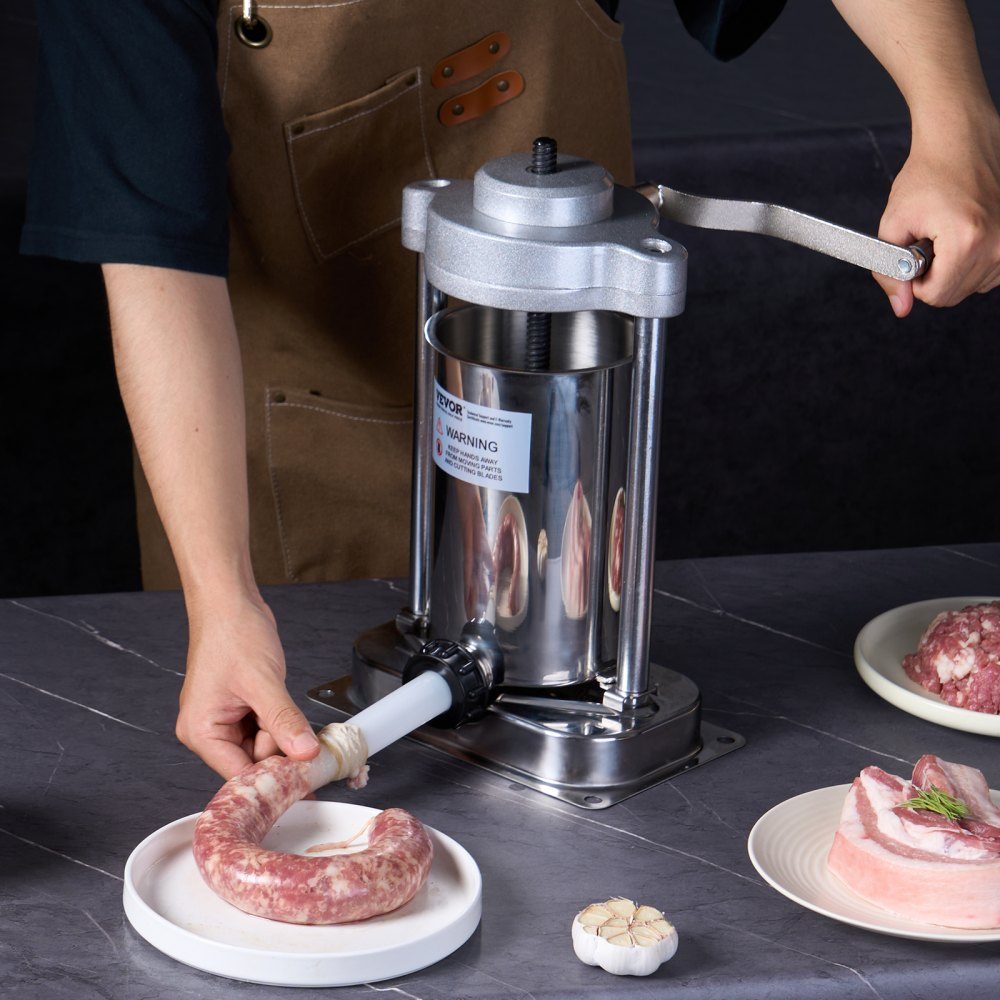 Manueller Wurstfüller, 2 l/5 lbs vertikale Wurstmaschine mit G-Typ-Klemme, Fass aus Edelstahl 304 in Lebensmittelqualität mit 2 Füllrohren, für Zuhause, Küche, Restaurant, Gewerbe