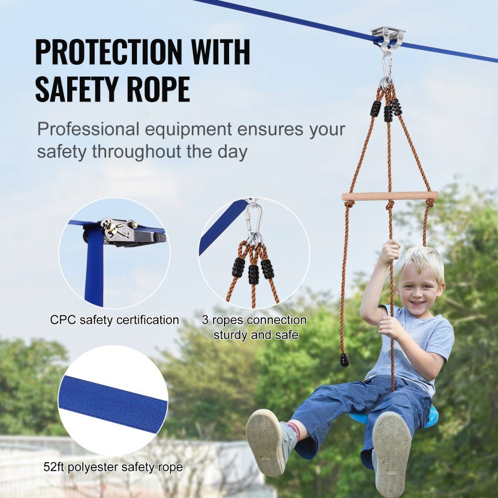 Zipline für Kinder und Erwachsene, 50-Fuß-Zipline-Sets bis zu 300 Pfund, Outdoor-Hinterhof-Seilrutschen, Spielplatzunterhaltung mit Zipline, Nylon-Sicherheitsgurt und Zubehörset