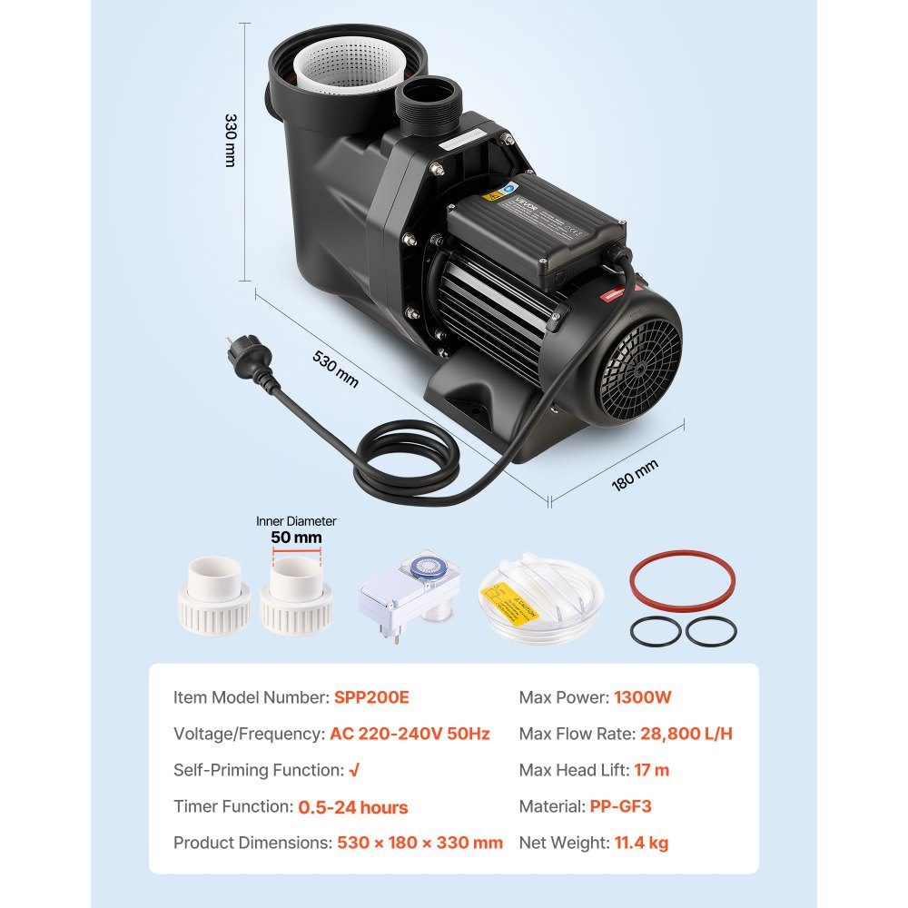 Pompe de piscine, 1300 W, débit maximum de 28 800 L/H, pompe de piscine à un étage, 2850 tr/min, tête maximale de 17 m, avec 24-Stunden-Timer et panier filtrant, pour piscines hors sol et enterrées, spas