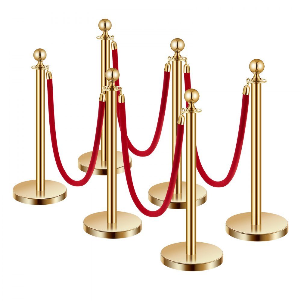 Absperrpfosten (6 Stück) zur Massenkontrolle mit 4 roten Samtseilen (1,5 m lang), Absperrständer aus Edelstahl mit nachfüllbarer Basis für Ausstellungen Golden