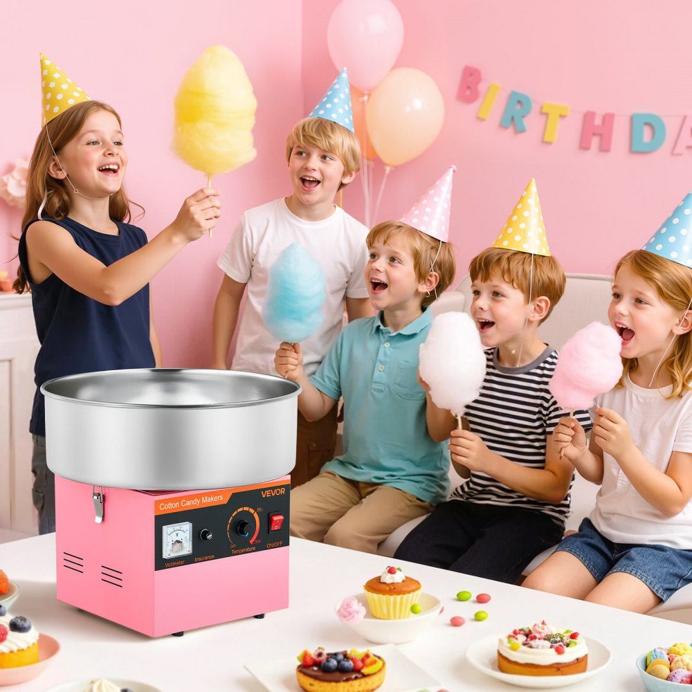 Machine à barbe à papa, machine à barbe à papa électrique 1000 W avec bol en acier inoxydable de 38 cm et cuillère à bonbons, fait de la barbe à papa pour les anniversaires à la maison, les réunions de famille, rose, 3500 tr/min – Réf. HT-23877