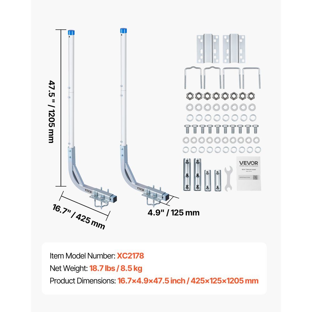 Bootsanhängerführung 775 mm / 1205 mm, 0–10 cm verstellbare Breite, Anhängerführung aus hochfestem Stahl mit PVC-Rohren, geeignet für Skiboote, kompakte Fischerboote, kleine Segelboote