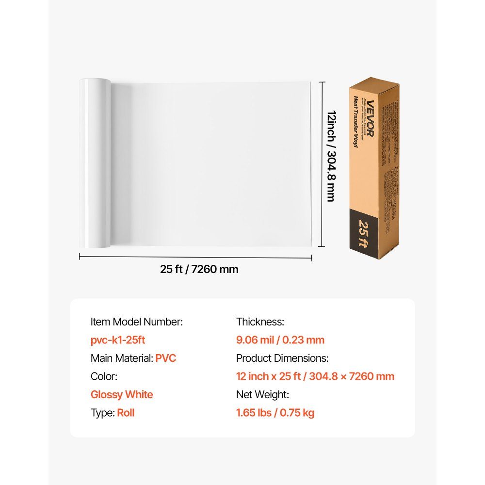 Vinylfilm Heat Transfer Transfer Film (304,8 x 7260 mm) Glanzend wit HTV Opstrijkbare vinylrol Compatibel met snijmachines voor verschillende materialen T-shirts Kussens Hoeden